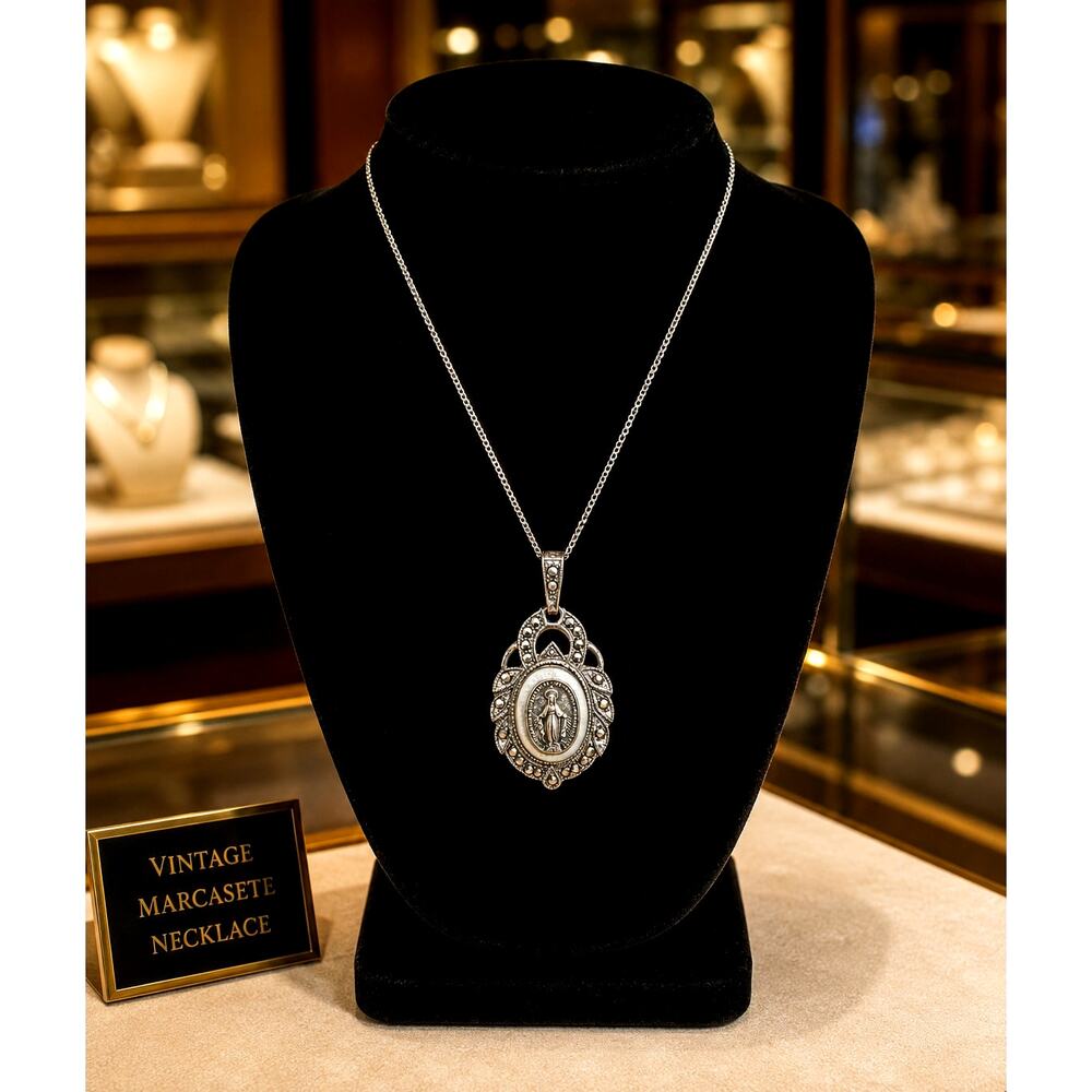 Vintage Marvel Sterling Silver Miraculous Medal Necklace Marcasite Pendant 16"